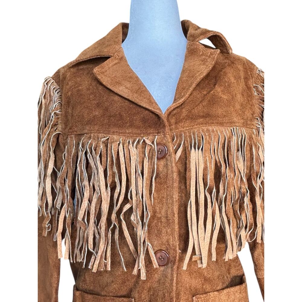 Vintage Tan Suede Leather Fringe Jacket Western Boho Cowgirl Leather Coat Small - Picture 2 of 9
